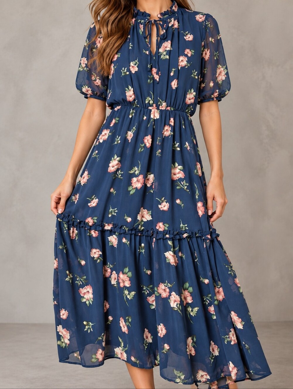 Venice Love Blue Floral Tiered Midi Dress Ruffle Tie Neck Sheer Sleeve